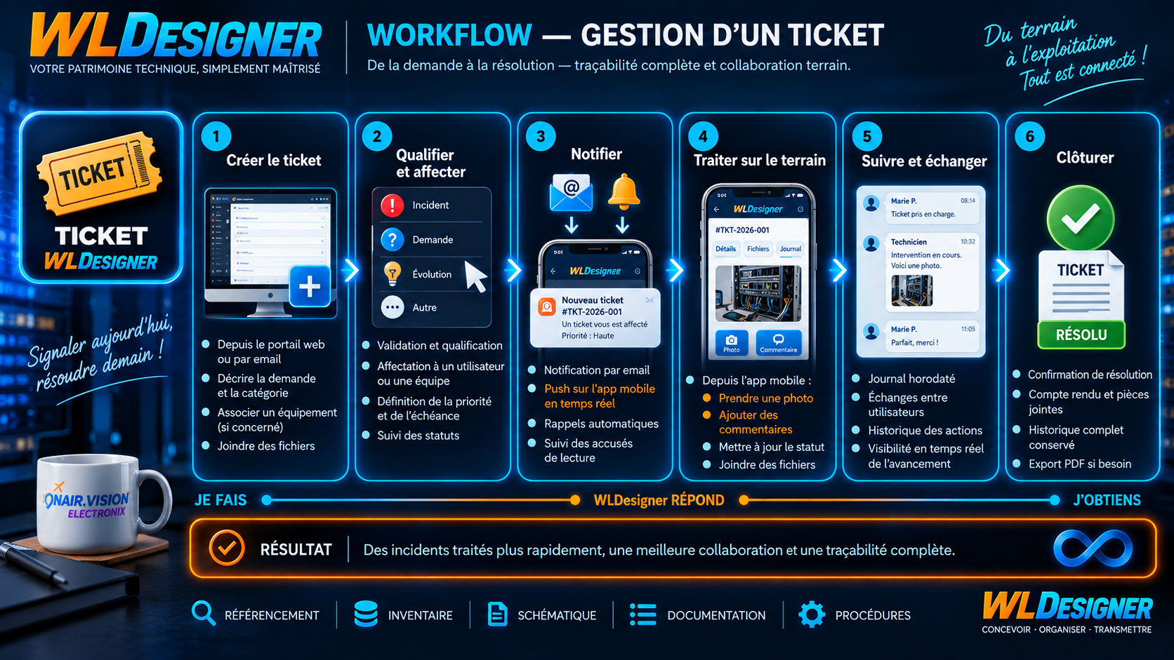 Workflow — gestion d’un ticket : de la demande à la résolution, en six étapes — créer le ticket, qualifier et affecter, notifier, traiter sur le terrain, suivre et échanger, clôturer